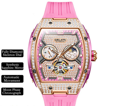 Fully Diamond Luxury Hollowed Moon Phase Waterproof Automatic Mechanical Watches