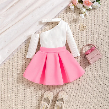 New Year 0-4Years Long Sleeve Big Bow Top Pink Half Skirt Toddler Autumn Sets