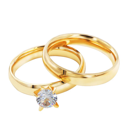 Zircon 4MM Charm Stainless Steel Gold Couple Rings Set