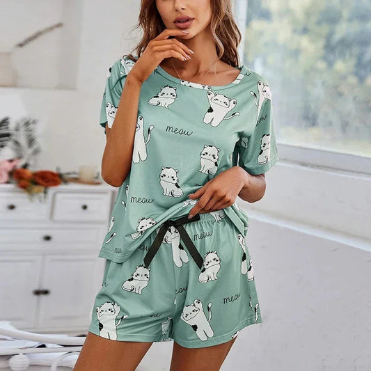 Short Sleeve Nightwear Cartoon Print Pyjamas Set
