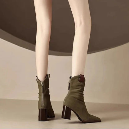 Casual versatile Round Toe shoes Retro Chunky Heel Ankle Boots