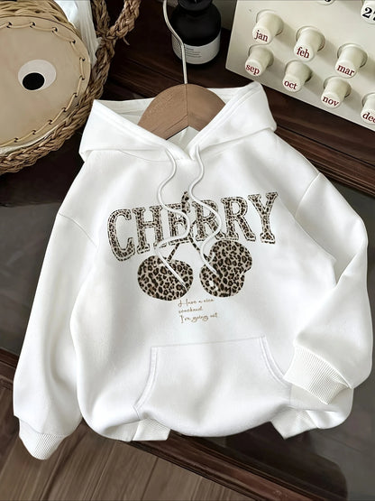 Leopard Print Cherry Letter Printed Round Neck Long Sleeved Hoodies Sweatshirt