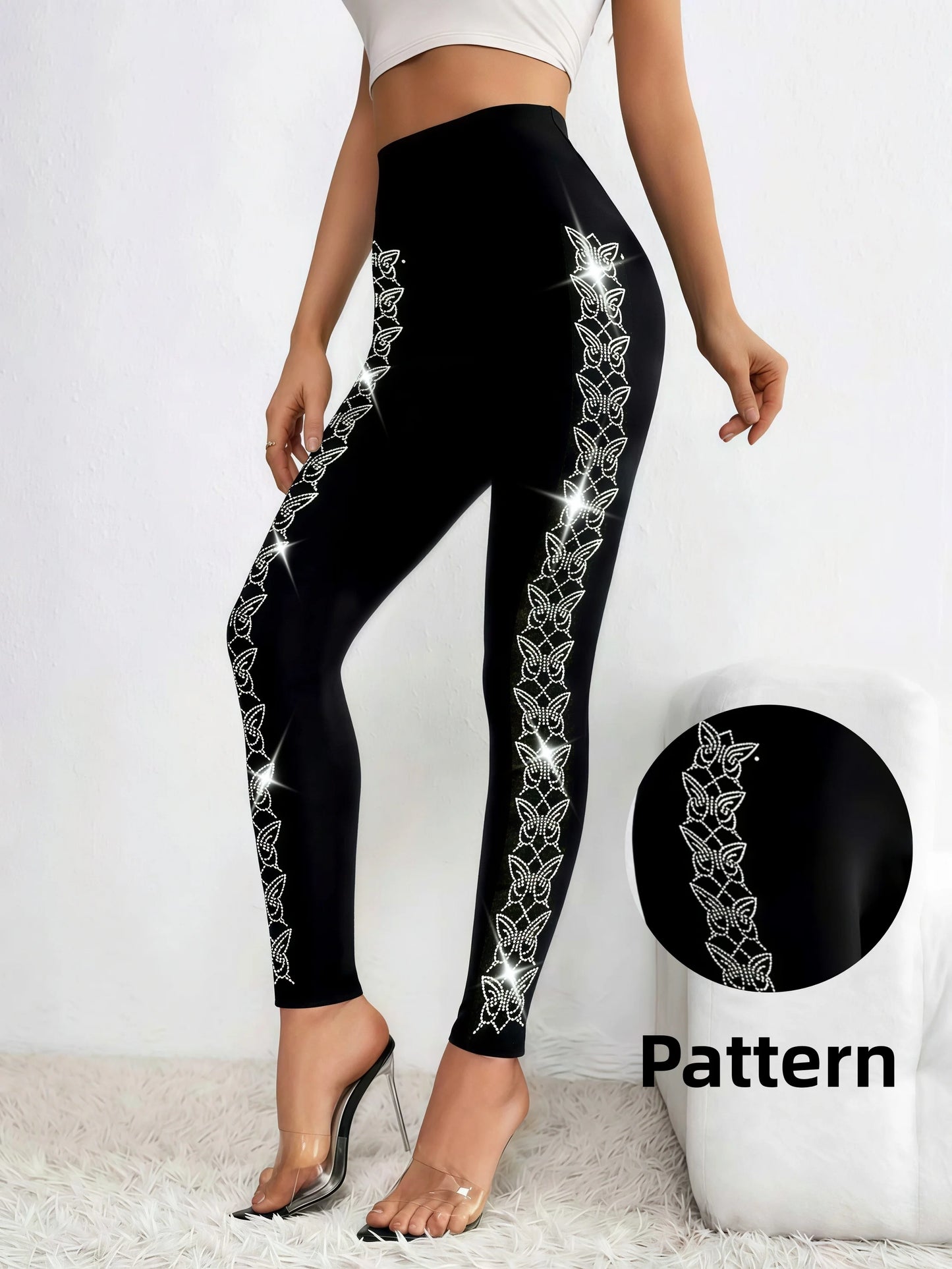 Sparkly Rhinestone Butterfly Side Tight Sexy Pants
