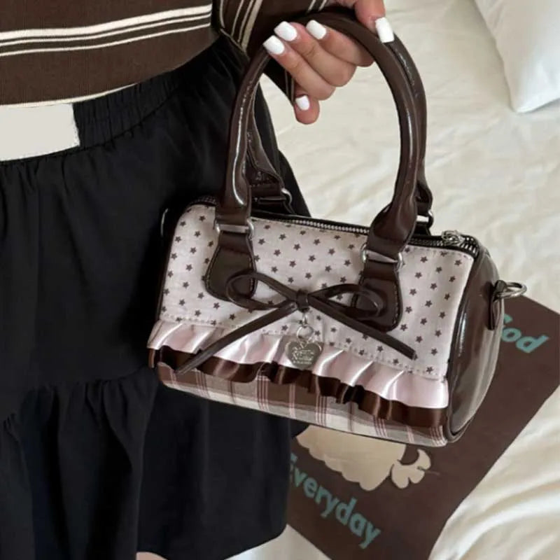 Retro Sweetheart Polka Dot & Plaid Hangbag Exquisite Wallet With Bow Lace Trim