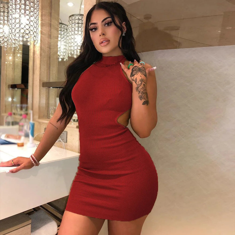 Sexy High Neck Halter Mini Sleeveless Cutout Waist Ribbed Bodycon Short Dress
