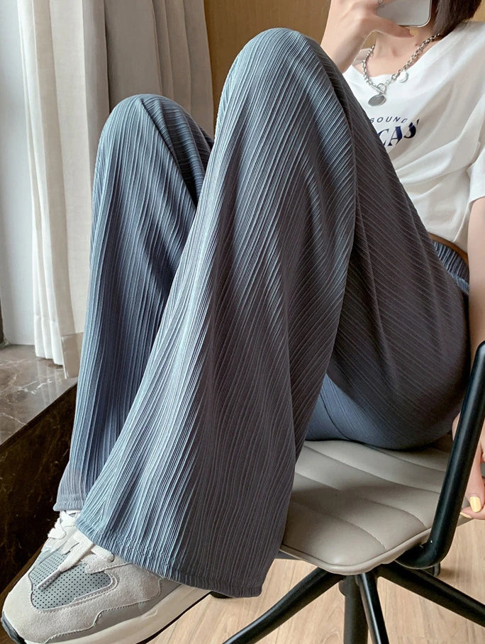 Pantalones coreanos de gasa fina de seda de pierna ancha