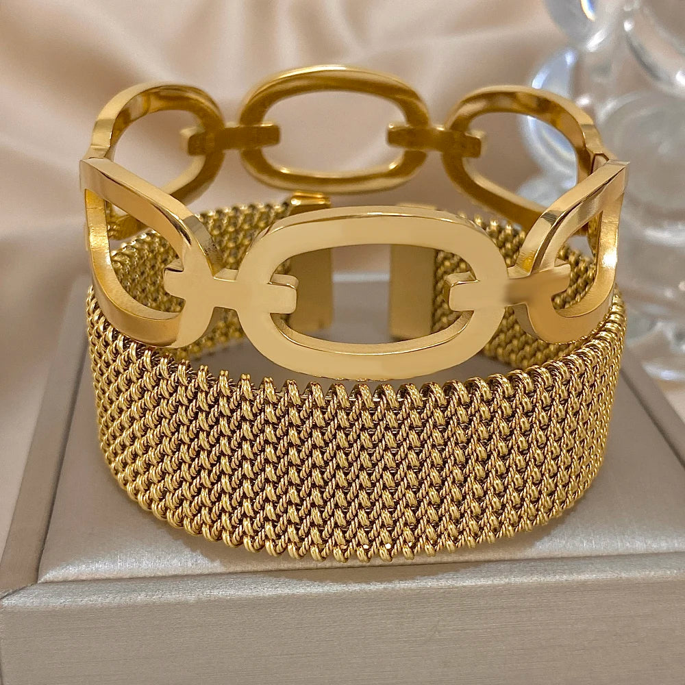 Vintage Y2K Stainless Steel Wide Weave Open Cuff Bangle Bracelet