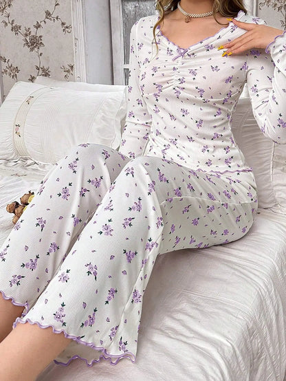 Round Neck Floral Printed Long Sleeve Home Wear Loungewear Set