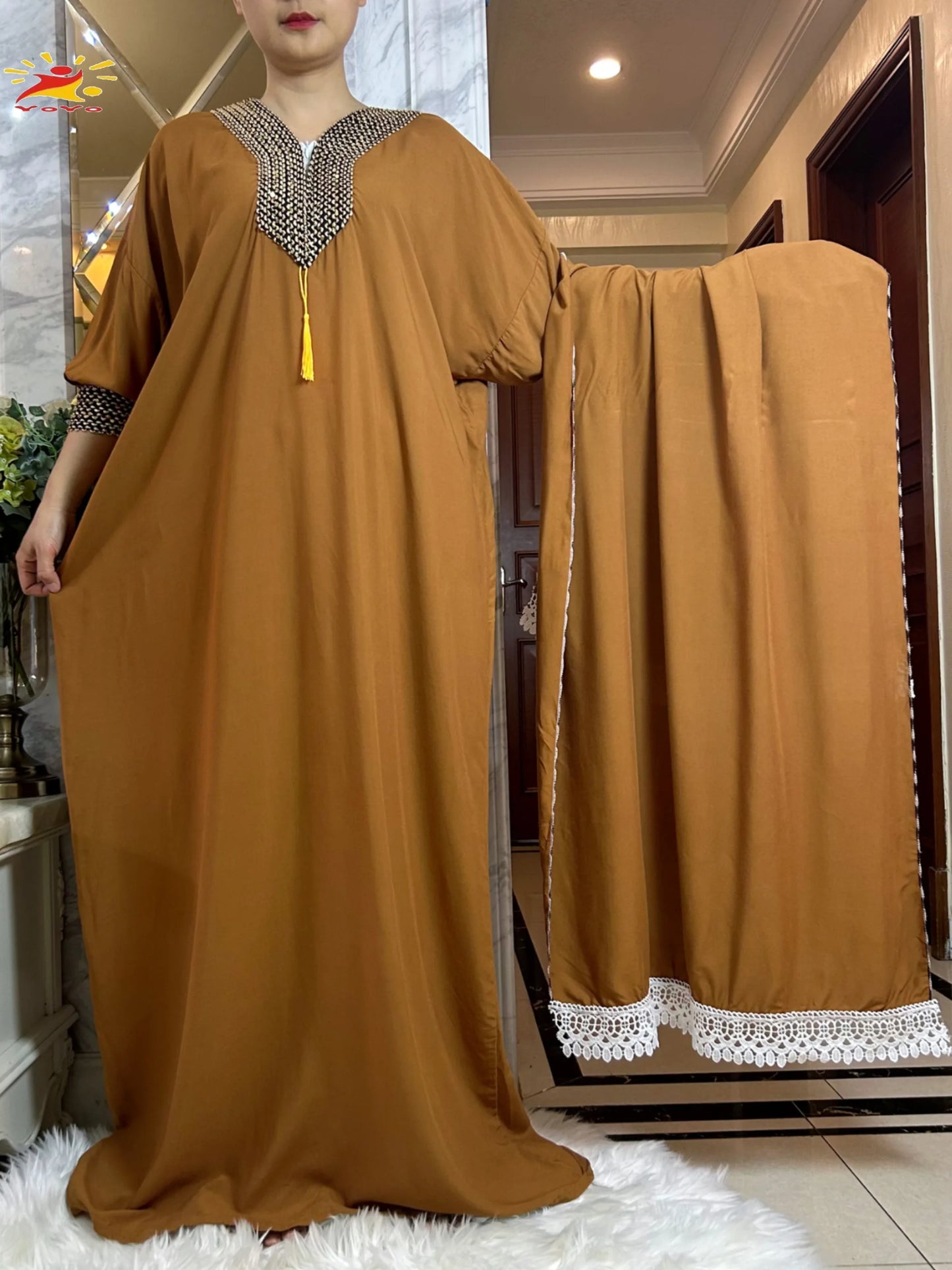 Muslim Long Sleeve Cotton With Big Scarf African Abaya
