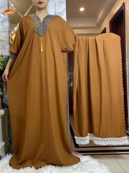 Muslim Long Sleeve Cotton With Big Scarf African Abaya