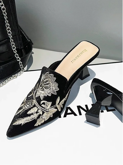 Elegant Velvet Mule Heels Pointed Toe Cone Heel Shoes
