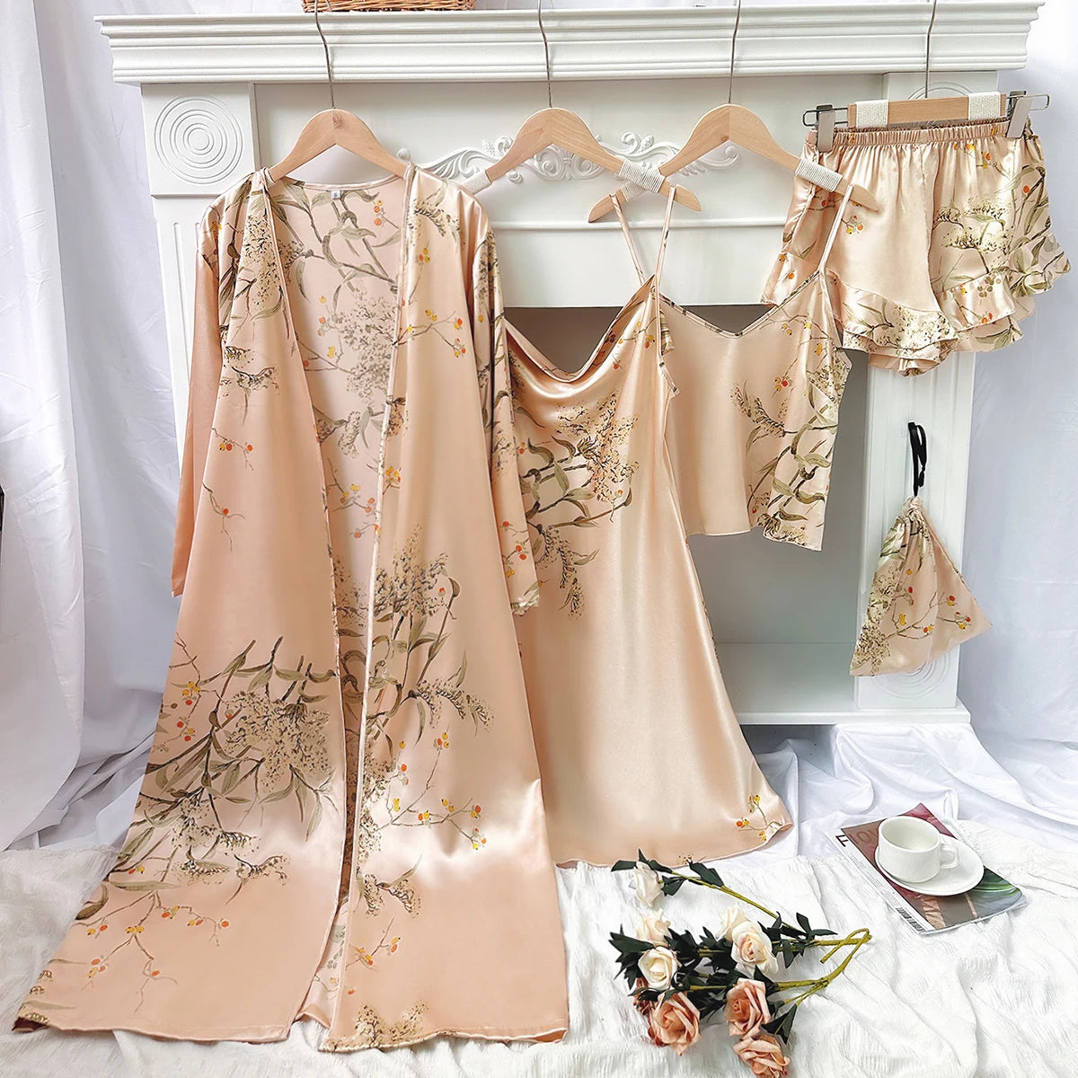 5pcs Floral Print Long Sleeve Robe Cami Dress Pajamas Sets