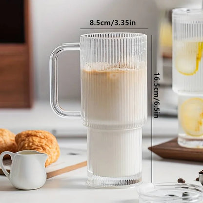 Vertical Striped Glass Cup With Handle Lid Straw Large Drinking Mug