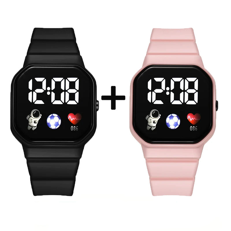 2Pcs/set Kids Sports LED Digital Spaceman Silicone Strap Electronic Wristwatch