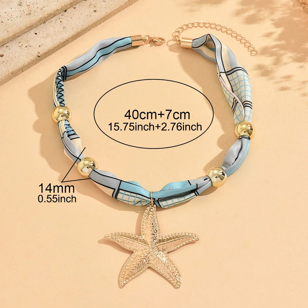 Boho Printed Fabric Choker Gold Starfish Shell Cowrie Necklace