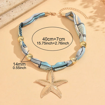 Boho Printed Fabric Choker Gold Starfish Shell Cowrie Necklace