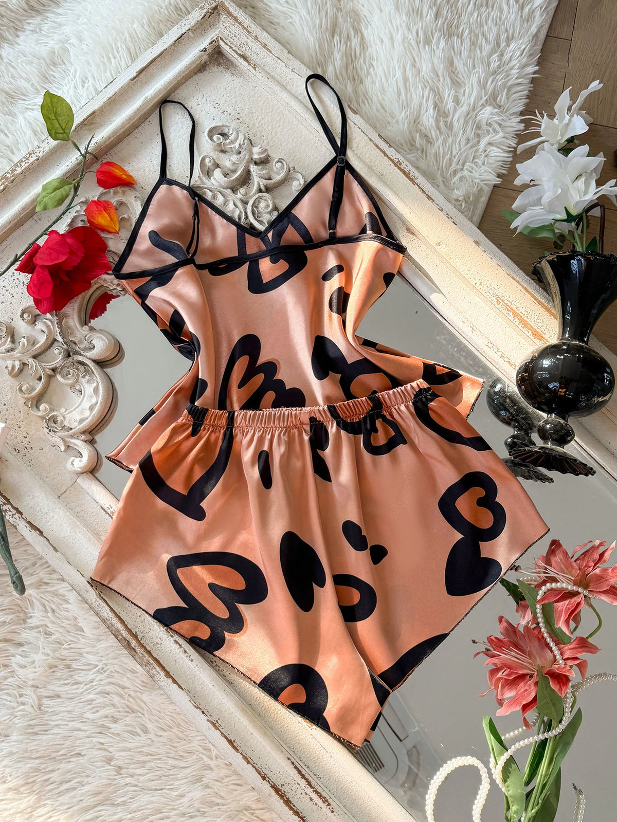 Heart Print Spaghetti Strap Sleepwear Bold Loungewear Pajama Sets