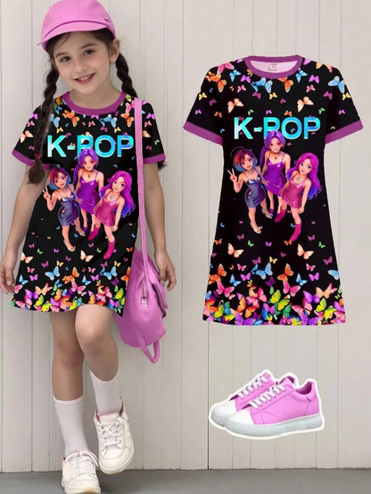 Kpop Cartoon Graphic Funny Short Sleeve Dress