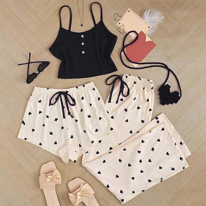 Casual Heart-Shaped Printed Vest and Shorts and Pants Paired with Ribbed Sleepwear Set