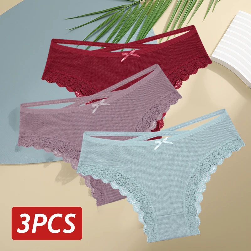 3PCS/Set Cotton Sexy Low Rise Lace Brazilian Panties S-XL