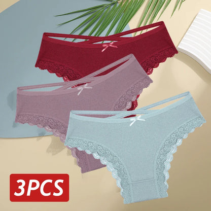 3PCS/Set Cotton Sexy Low Rise Lace Brazilian Panties S-XL