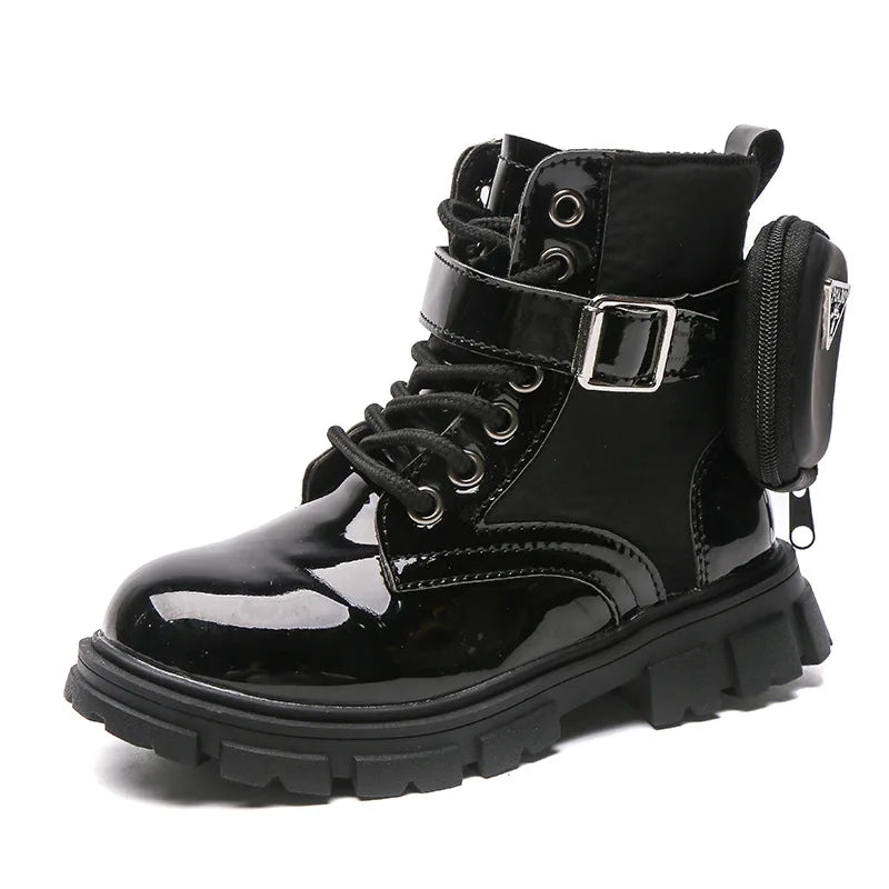PU Leather Buckle Spring Anti-slip Breathable Black Shoes Size 21-37