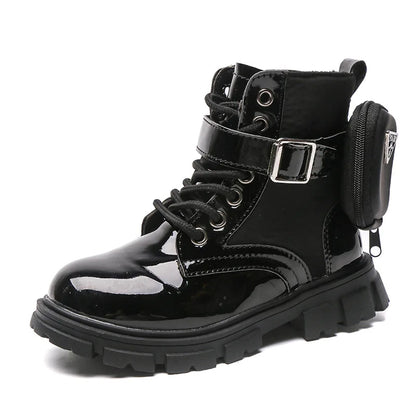 PU Leather Buckle Spring Anti-slip Breathable Black Shoes Size 21-37