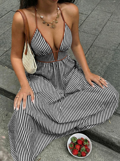 Deep V-neck Striped Sexy Backless Sleeveless Neckline Long Dress