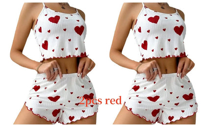Short Tank Ventilate Soft Casual Love Printing Pyjama Set