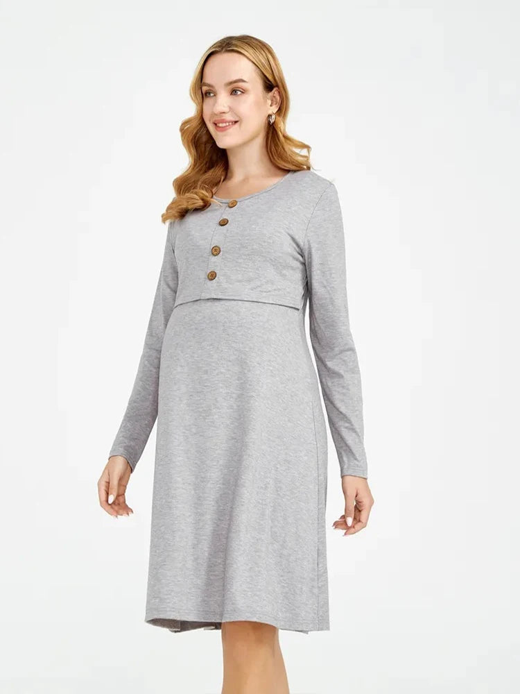 Casual Solid-colored Long-sleeved Maternity Dress