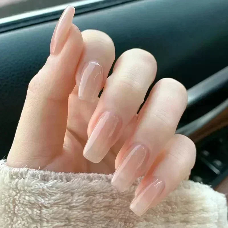 24pcs/Box Long Coffin False Nails Art Rose with Glue Wearable Jelly Nails