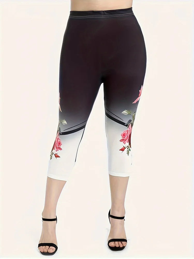 Plus Size Large Casual Rose Flower Print Oversized Slim Fit Set