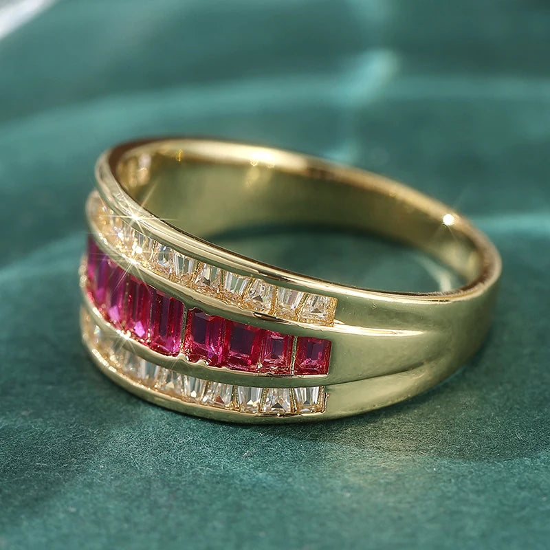 Elegant Inlaid White Pink CZ Exquisite Gold Geometry Rings