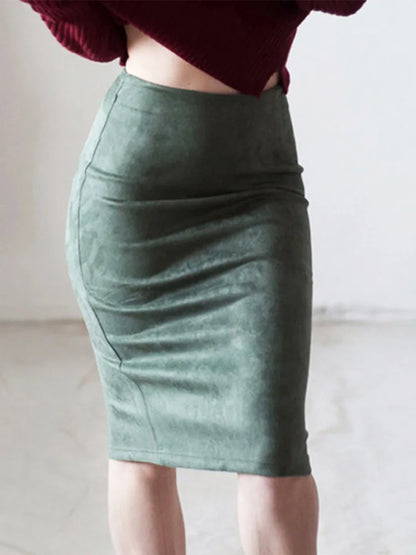 Suede Pencil High Waist Bodycon Vintage Suede Split Thick Stretchy Skirts
