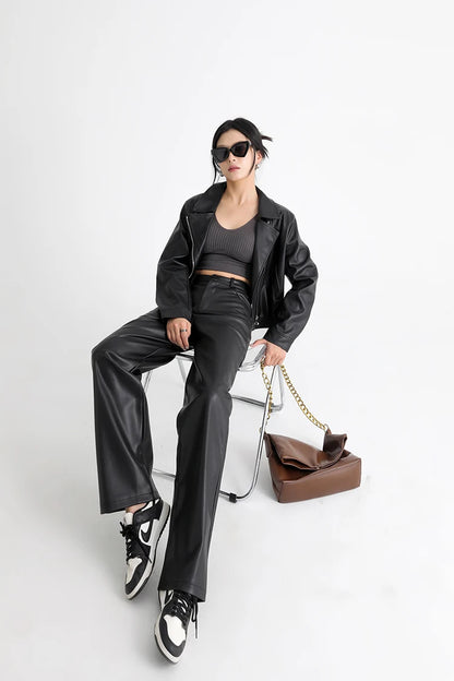 Fall Winter Fleece Loose Wide Leg Leather Pants
