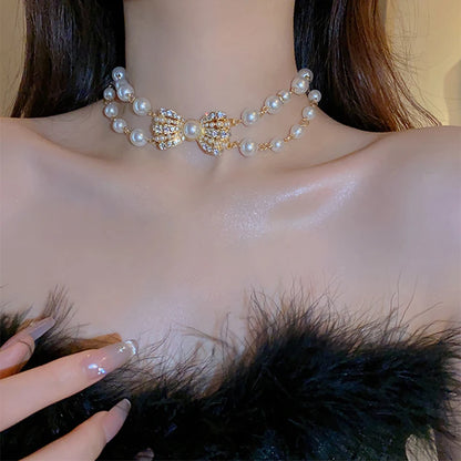 Big Imitation Pearl Necklace Bow Choker Necklace