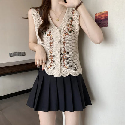 Floral Vest Button Front Waistcoat Openwork Knit Sleeveless Jacket