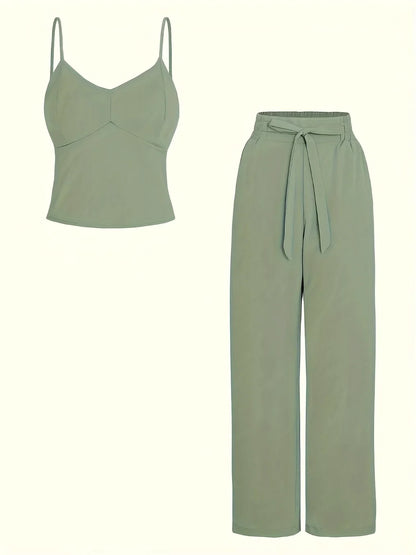 Elegant Camisole Top Elastic Waist Wide Leg Pants Set