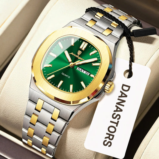 Square Date Week Waterproof Luminous Stainless Steel Quartz Watches