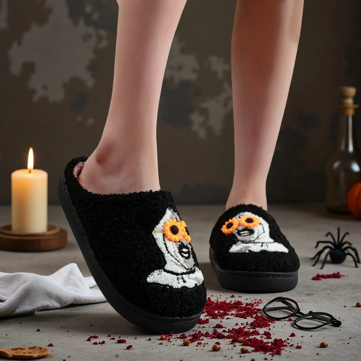 Black Halloween Horror Atlantis Clown Pattern Home Thick-Soled Fur Slippers