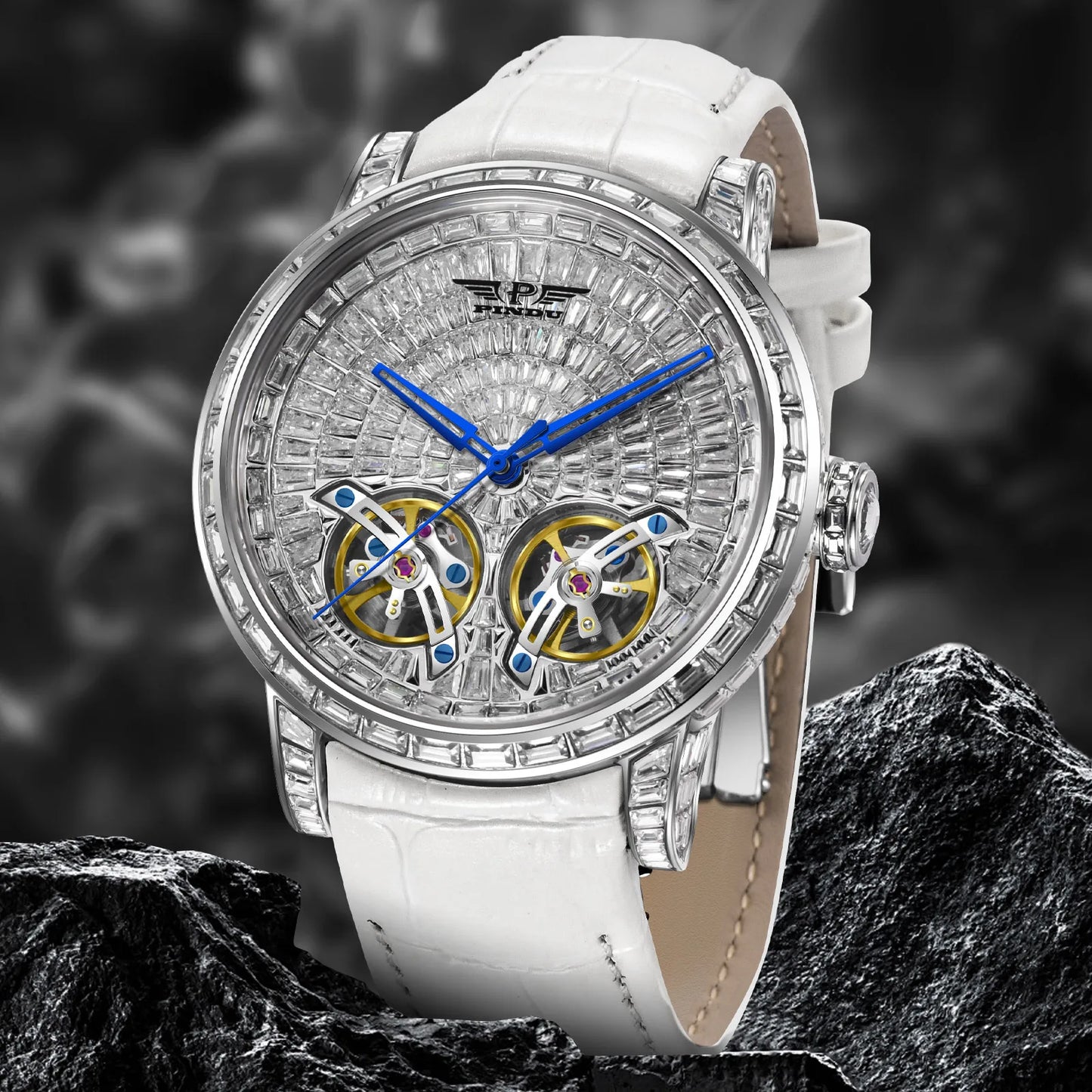 Diamond Mechanical Top Luxury Double Flying Wheel Waterproof Watch Leather