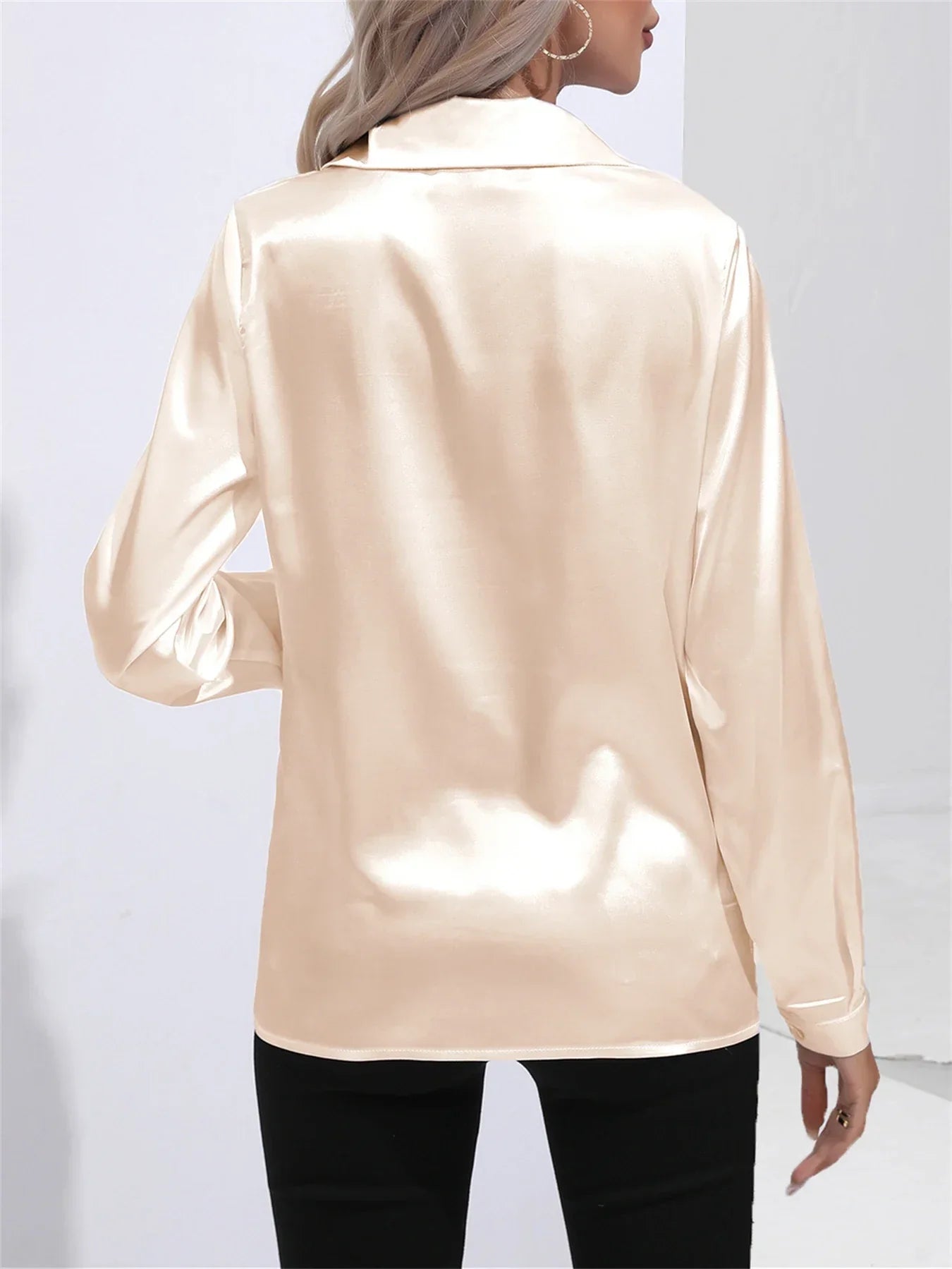 Elegant Turn-Down Collar Satin Long Sleeve Blouse
