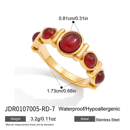 Ars Red Agate Stone Rings 18k Gold Plated Stainless Steel Ring
