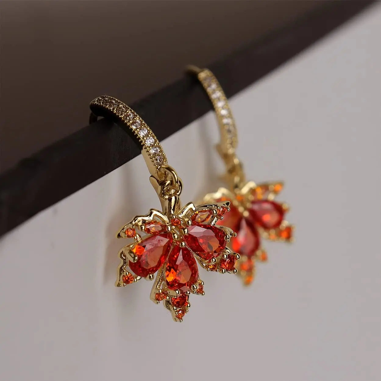 Dainty Rhinestone CZ Dangling Golden Leaf Small Hoop Dangle Earrings