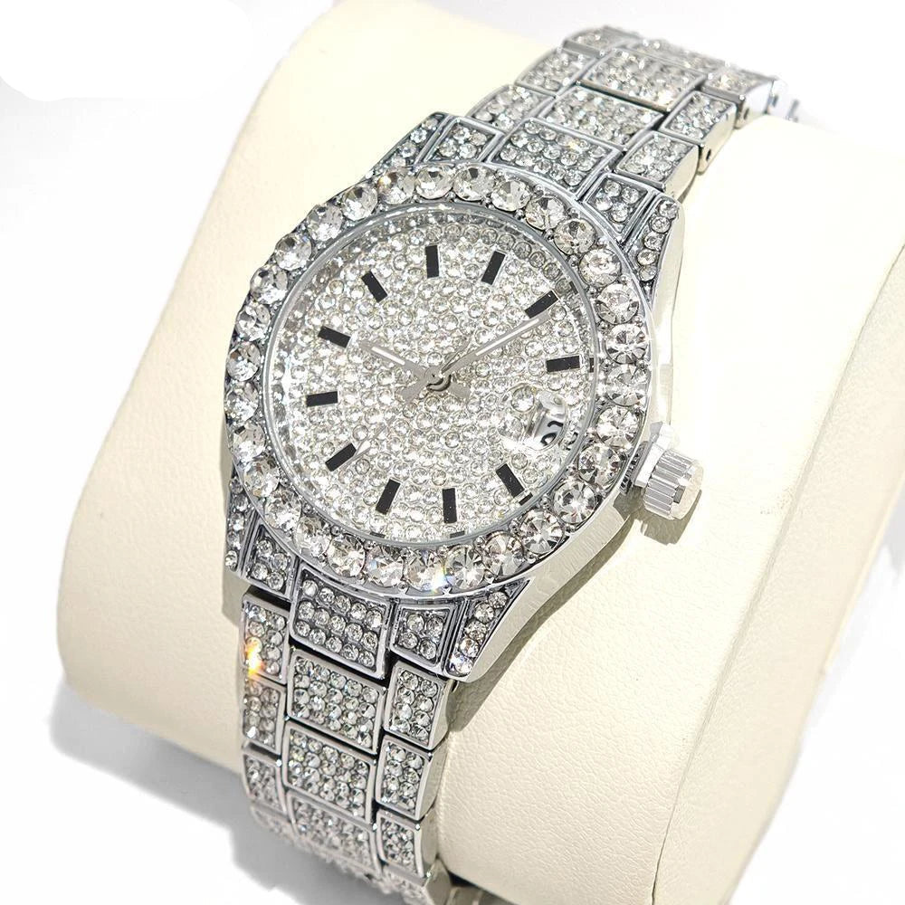 Acero inoxidable de lujo dorado con cuarzo diamante helado