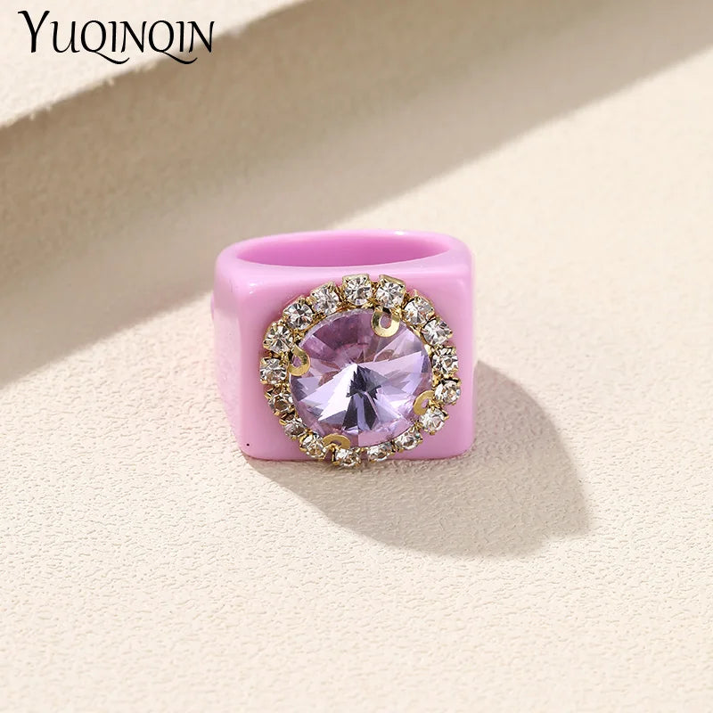 Colorful Rhinestone Geometric Square Large Punk Finger Rings