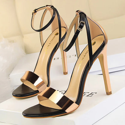 Black-White Concise Leather 11cm High Heels Sandals