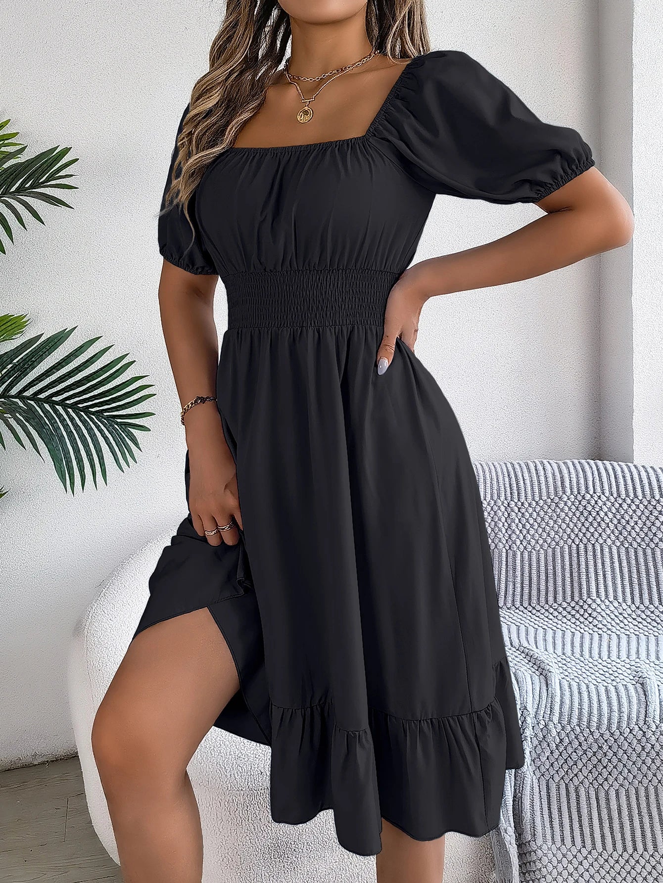 Puff Sleeve Square Neck Dress