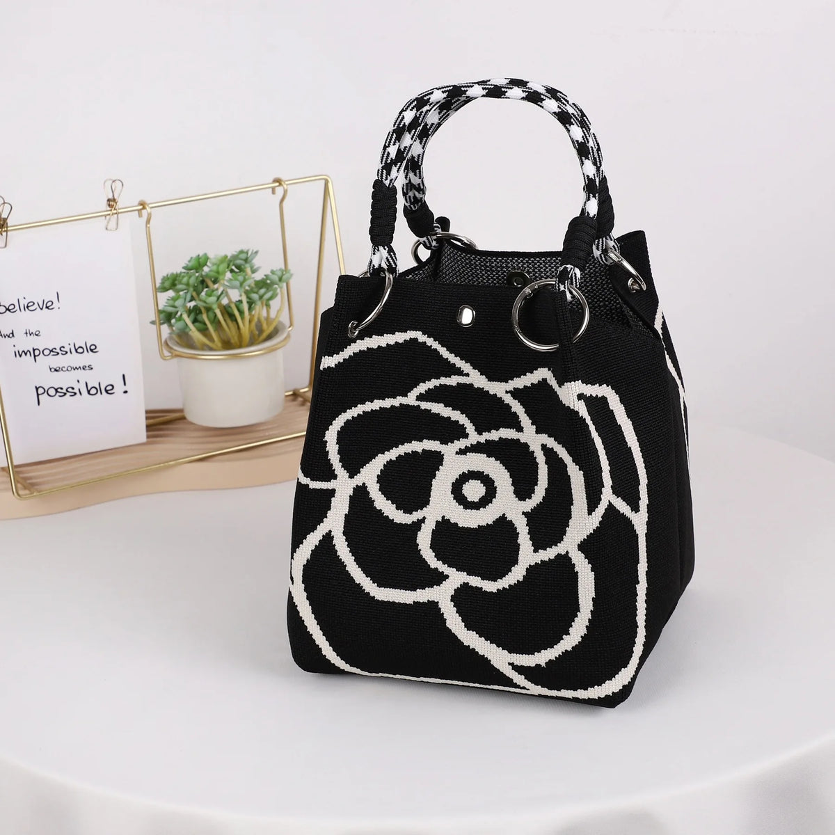 Geometric Mini Tote Black Ivory Graphic Ring Handle Korean Style Bags
