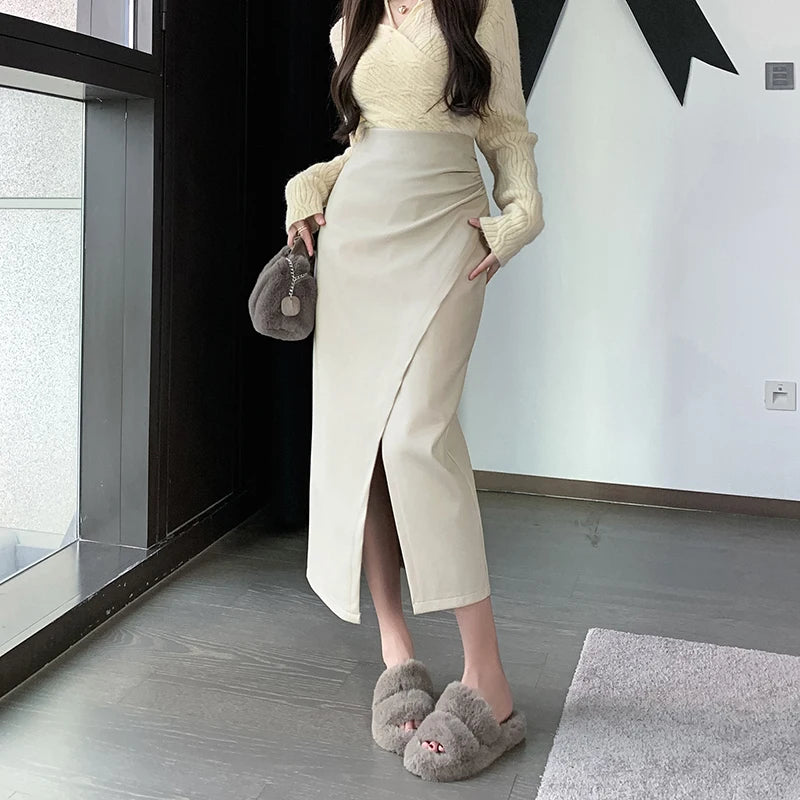 Autumn Winter Front Split PU Leather Long Skirts